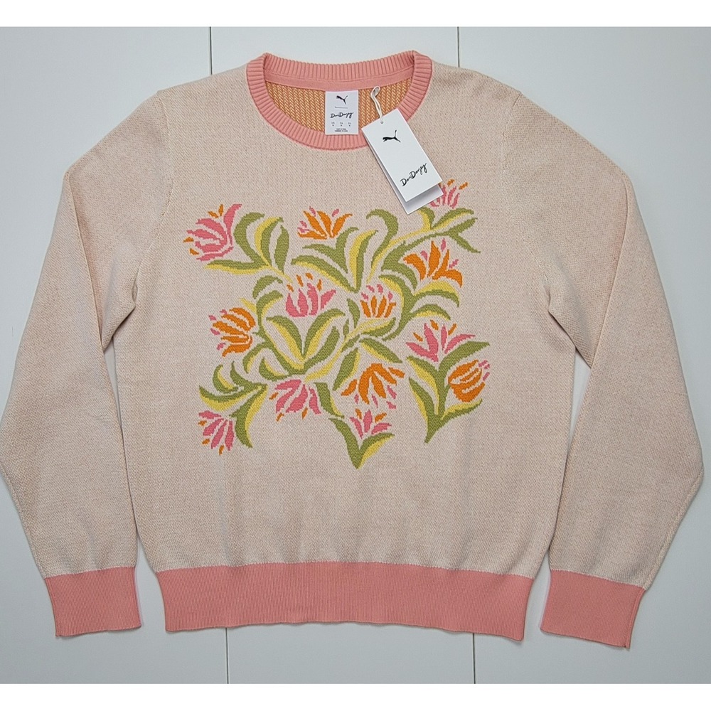 Puma Dani Dazey Sweater Womens Sz M Warm White 629991-01 Floral Knit Crew New